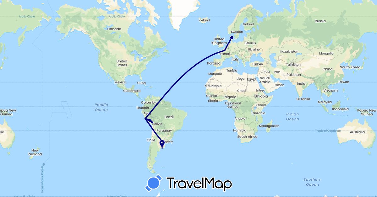 TravelMap itinerary: driving in Argentina, Denmark, France, Peru (Europe, South America)